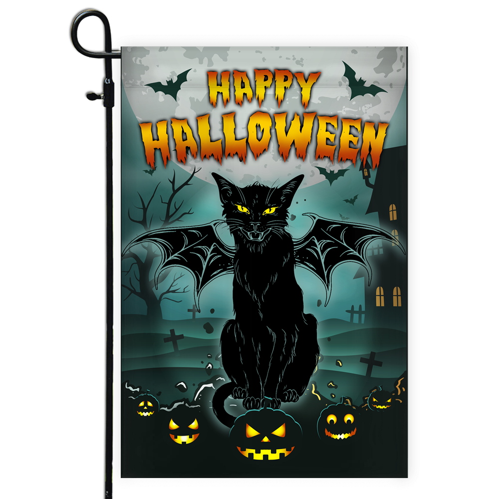 Black Cat Bat Wing Halloween Flag Pumpkin Seasonal Spooky Happy Halloween Flag | Teecentury.com