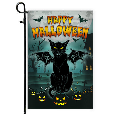 Black Cat Bat Wing Halloween Flag Pumpkin Seasonal Spooky Happy Halloween Flag | Teecentury.com