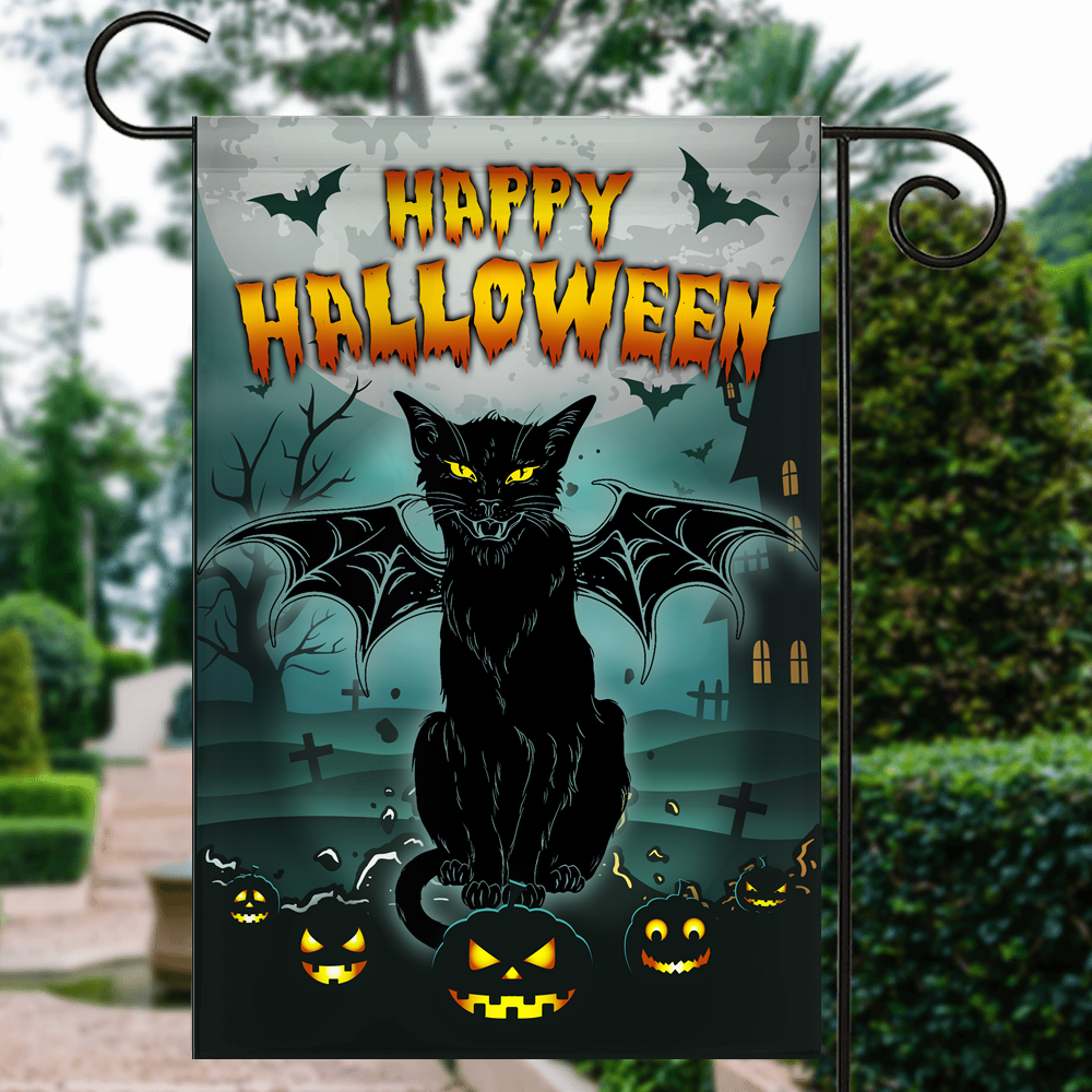Black Cat Bat Wing Halloween Flag Pumpkin Seasonal Spooky Happy Halloween Flag | Teecentury.com