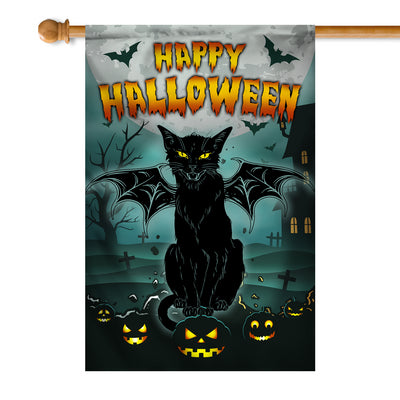 Black Cat Bat Wing Halloween Flag Pumpkin Seasonal Spooky Happy Halloween Flag | Teecentury.com