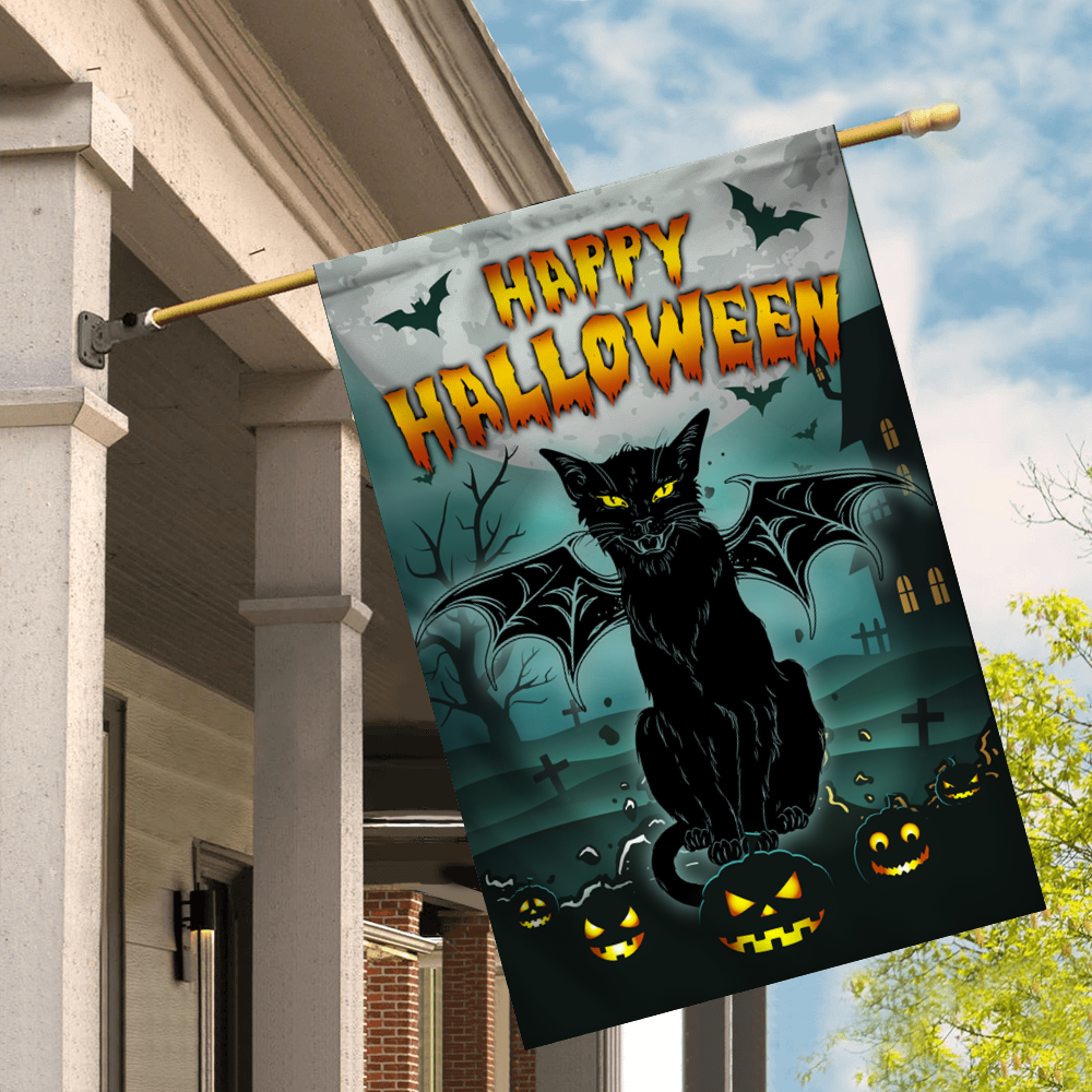Black Cat Bat Wing Halloween Flag Pumpkin Seasonal Spooky Happy Halloween Flag | Teecentury.com