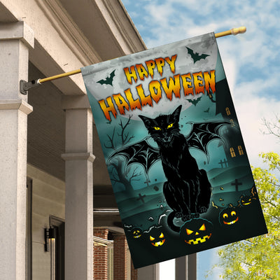 Black Cat Bat Wing Halloween Flag Pumpkin Seasonal Spooky Happy Halloween Flag | Teecentury.com