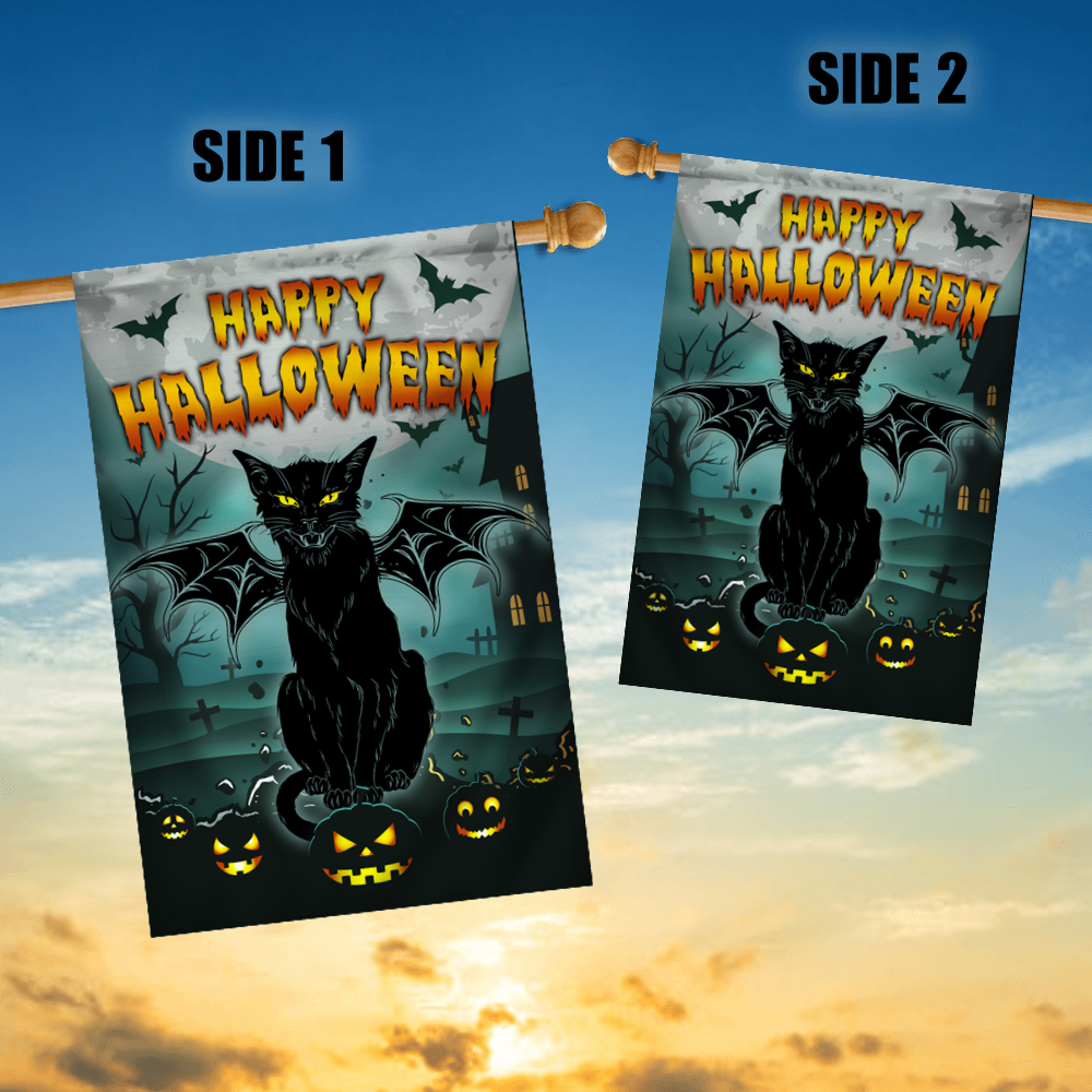 Black Cat Bat Wing Halloween Flag Pumpkin Seasonal Spooky Happy Halloween Flag | Teecentury.com