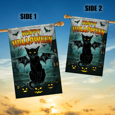 Black Cat Bat Wing Halloween Flag Pumpkin Seasonal Spooky Happy Halloween Flag | Teecentury.com