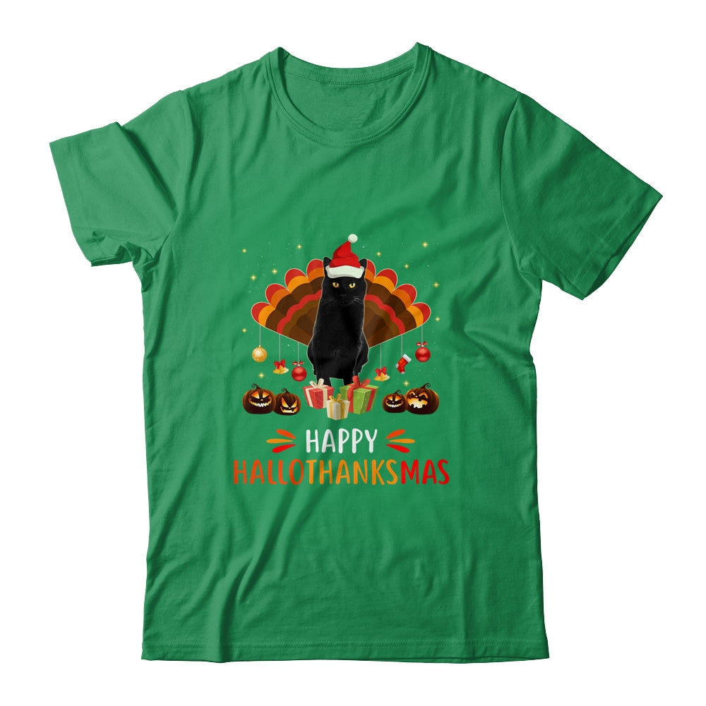 Black Cat Halloween Thanksgiving Christmas Hallothanksmas T-Shirt & Sweatshirt | Teecentury.com