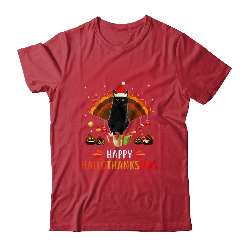 Black Cat Halloween Thanksgiving Christmas Hallothanksmas T-Shirt & Sweatshirt | Teecentury.com