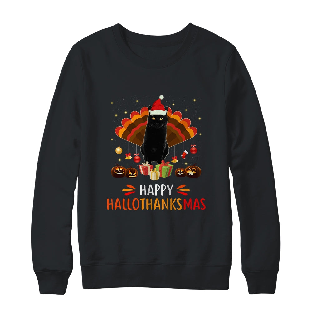 Black Cat Halloween Thanksgiving Christmas Hallothanksmas T-Shirt & Sweatshirt | Teecentury.com