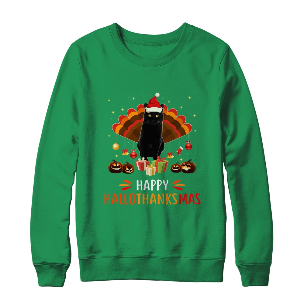 Black Cat Halloween Thanksgiving Christmas Hallothanksmas T-Shirt & Sweatshirt | Teecentury.com