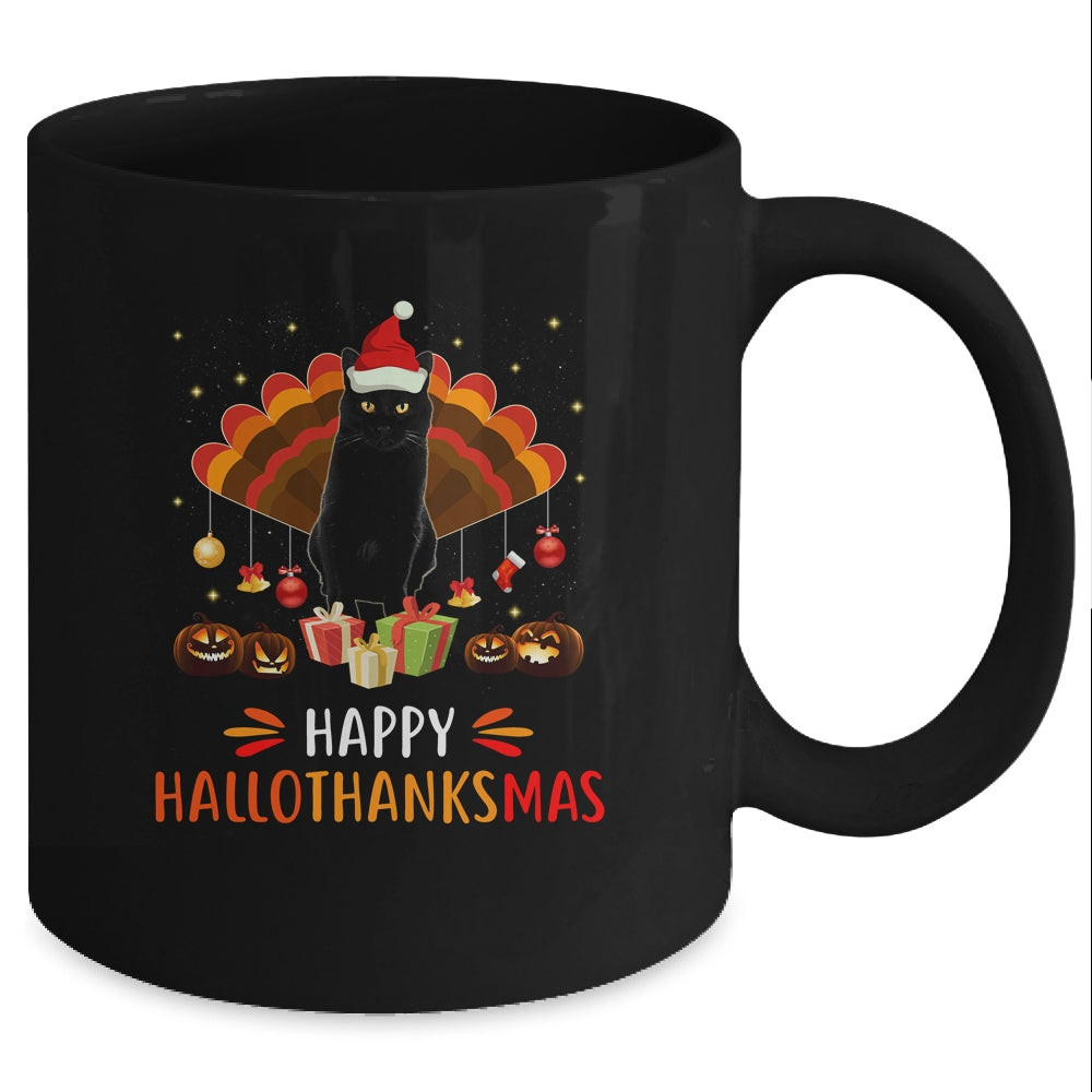 Black Cat Halloween Thanksgiving Christmas Hallothanksmas Mug Coffee Mug | Teecentury.com