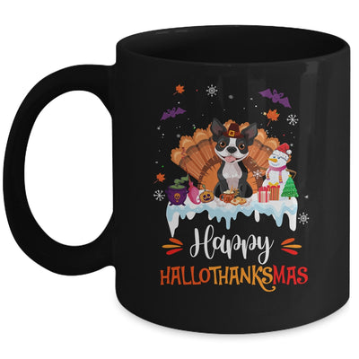 Boston Terrier Happy HalloThanksMas Halloween Christmas Mug | teecentury