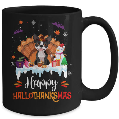 Boston Terrier Happy HalloThanksMas Halloween Christmas Mug | teecentury