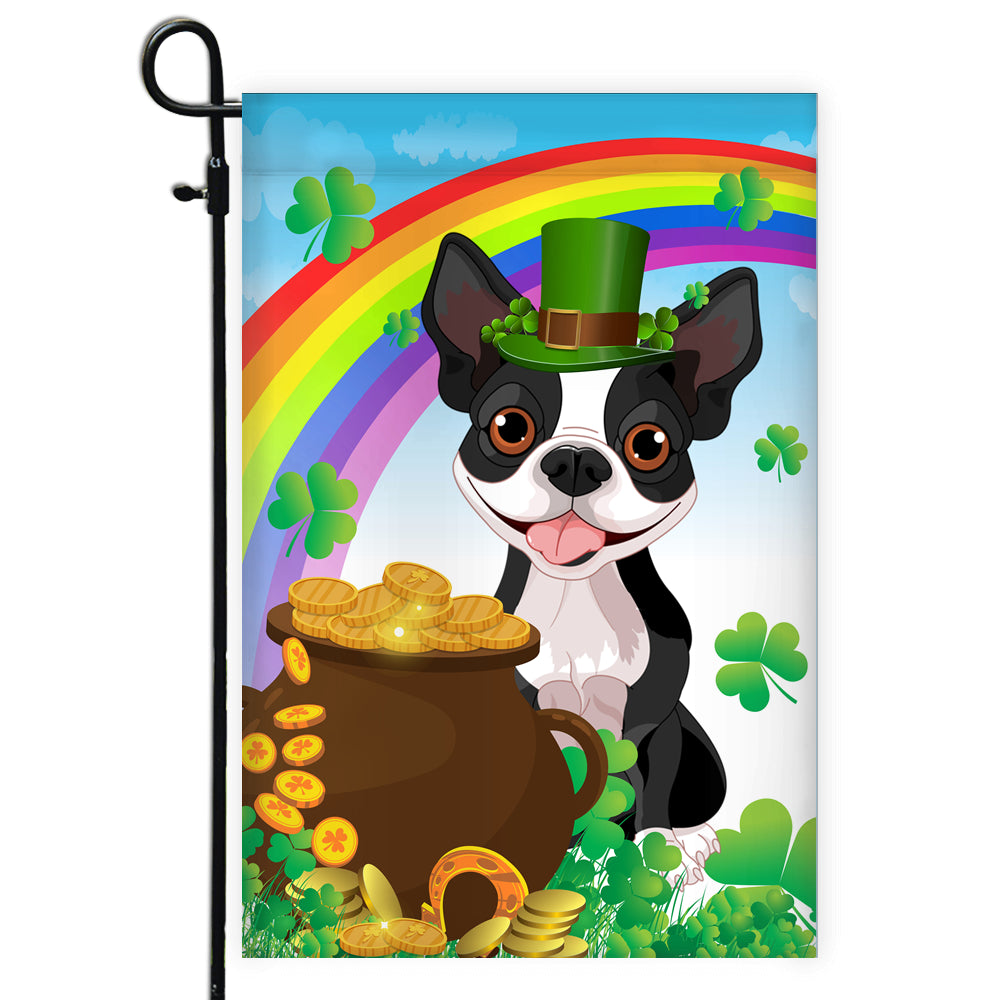 Boston Terrier St Patrick's Day Dog Flag Funny Peeking Dog Wear Green Hat Golden Pot Coin Shamrock Rainbow Spring Banner for Home Decor | teecentury
