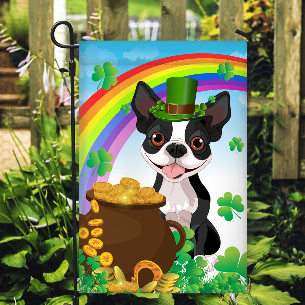 Boston Terrier St Patrick's Day Dog Flag Funny Peeking Dog Wear Green Hat Golden Pot Coin Shamrock Rainbow Spring Banner for Home Decor | teecentury