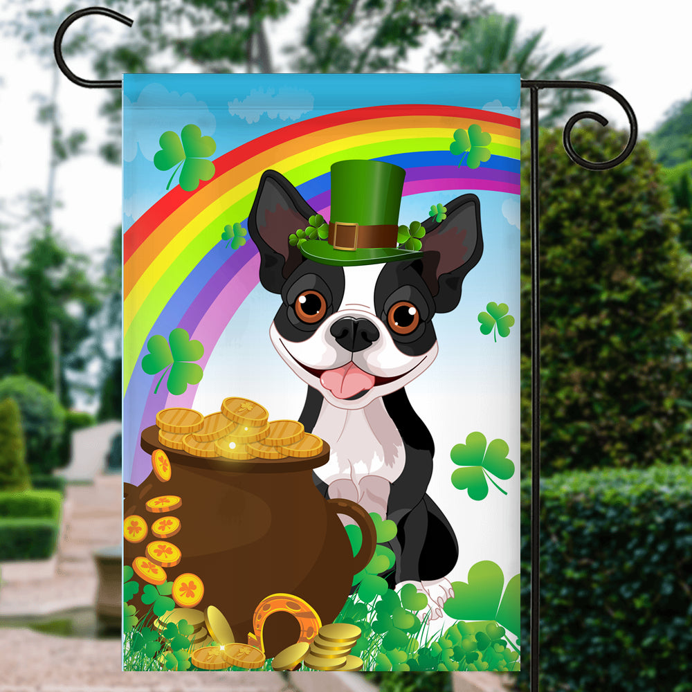 Boston Terrier St Patrick's Day Dog Flag Funny Peeking Dog Wear Green Hat Golden Pot Coin Shamrock Rainbow Spring Banner for Home Decor | teecentury