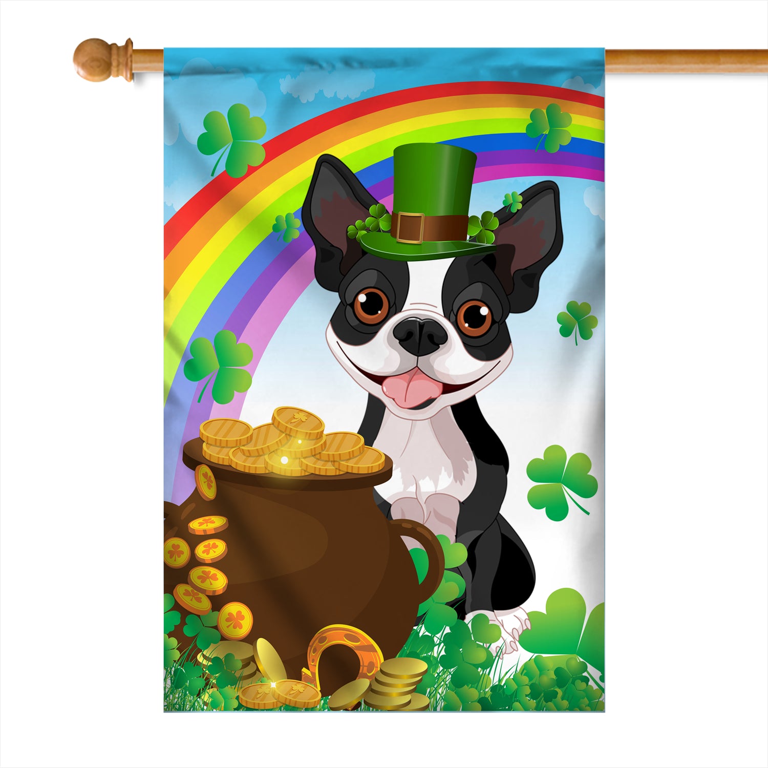 Boston Terrier St Patrick's Day Dog Flag Funny Peeking Dog Wear Green Hat Golden Pot Coin Shamrock Rainbow Spring Banner for Home Decor | teecentury