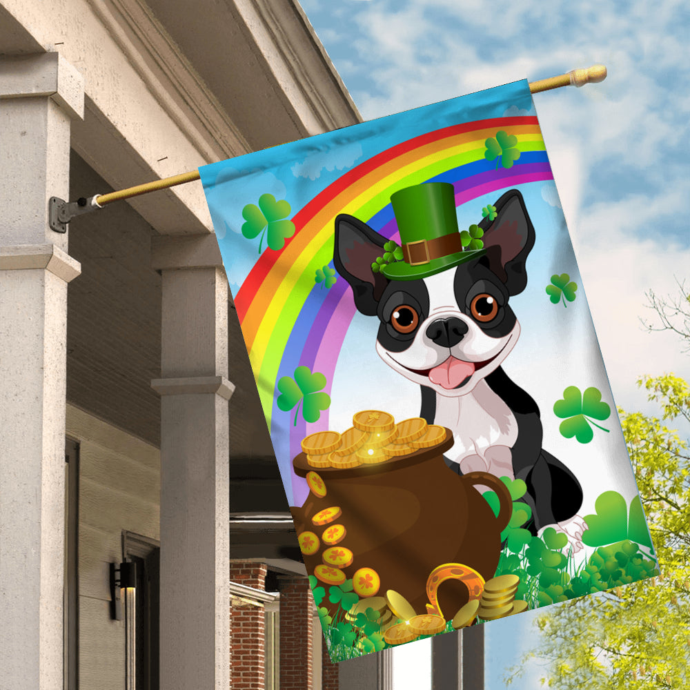 Boston Terrier St Patrick's Day Dog Flag Funny Peeking Dog Wear Green Hat Golden Pot Coin Shamrock Rainbow Spring Banner for Home Decor | teecentury