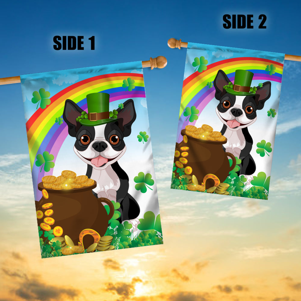 Boston Terrier St Patrick's Day Dog Flag Funny Peeking Dog Wear Green Hat Golden Pot Coin Shamrock Rainbow Spring Banner for Home Decor | teecentury