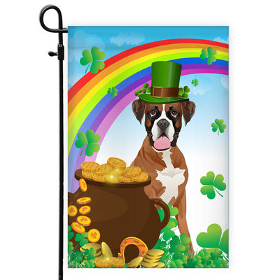Boxer St Patrick's Day Dog Flag Funny Peeking Dog Wear Green Hat Golden Pot Coin Shamrock Rainbow Spring Banner for Home Decor | teecentury