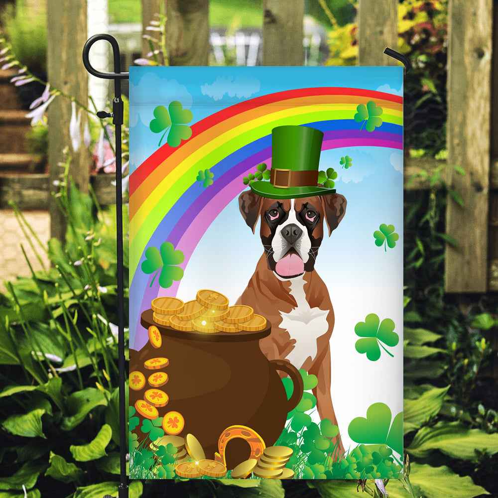 Boxer St Patrick's Day Dog Flag Funny Peeking Dog Wear Green Hat Golden Pot Coin Shamrock Rainbow Spring Banner for Home Decor | teecentury