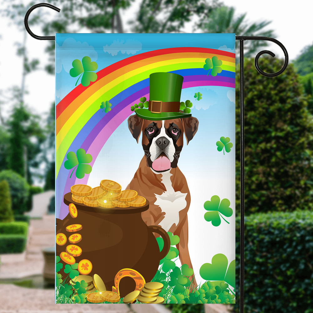 Boxer St Patrick's Day Dog Flag Funny Peeking Dog Wear Green Hat Golden Pot Coin Shamrock Rainbow Spring Banner for Home Decor | teecentury