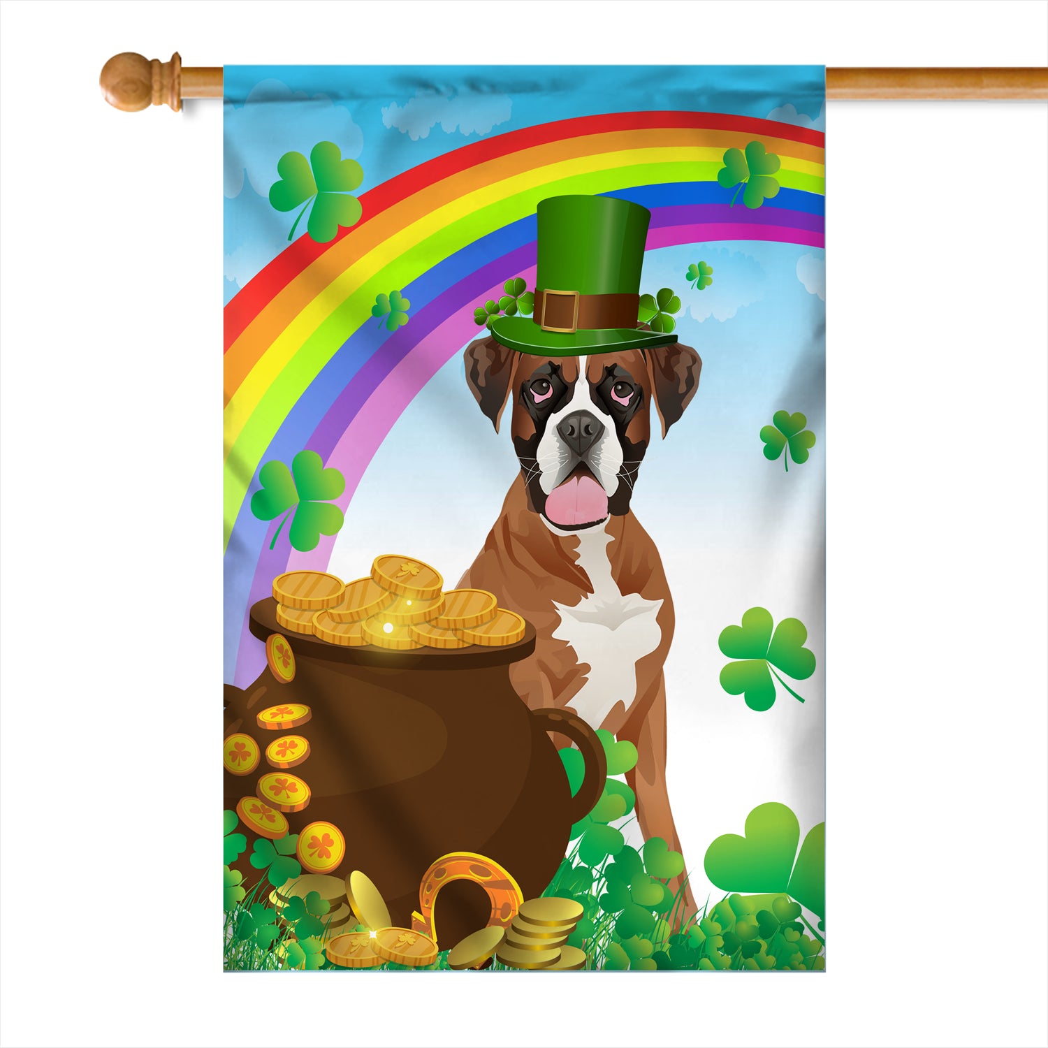 Boxer St Patrick's Day Dog Flag Funny Peeking Dog Wear Green Hat Golden Pot Coin Shamrock Rainbow Spring Banner for Home Decor | teecentury