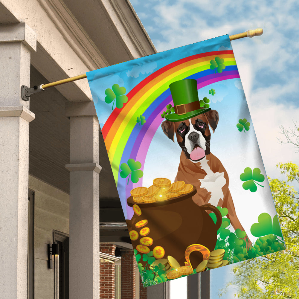 Boxer St Patrick's Day Dog Flag Funny Peeking Dog Wear Green Hat Golden Pot Coin Shamrock Rainbow Spring Banner for Home Decor | teecentury