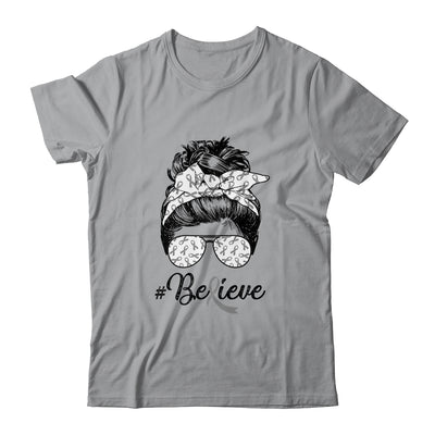 Brain Cancer Awareness Messy Bun Warrior Believe Grey Ribbon T-Shirt & Tank Top | Teecentury.com