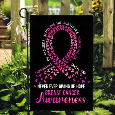 Breast Cancer Awareness Flag Never Ever Giving Up Hope Pink Ribbon Butterfly Farmhouse Flag | Teecentury.com