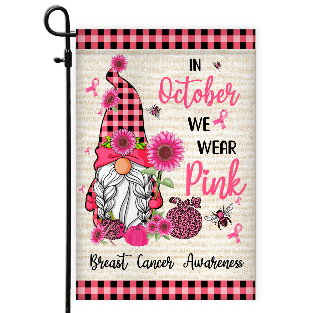 Breast Cancer Gnome Flag In October We Wear Pink Flag | Teecentury.com