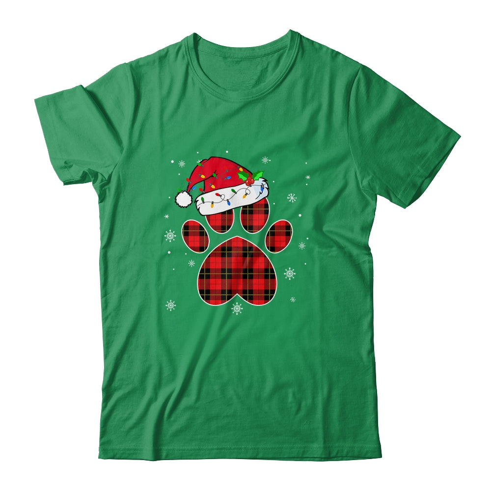 Buffalo Plaid Christmas Paw Dog With Santa Hat Lights Gift T-Shirt & Sweatshirt | Teecentury.com