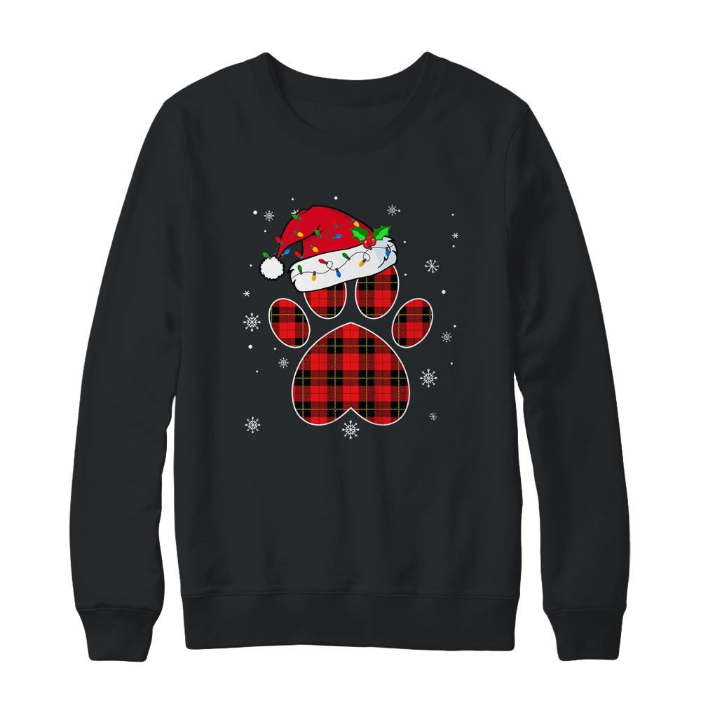 Buffalo Plaid Christmas Paw Dog With Santa Hat Lights Gift T-Shirt & Sweatshirt | Teecentury.com
