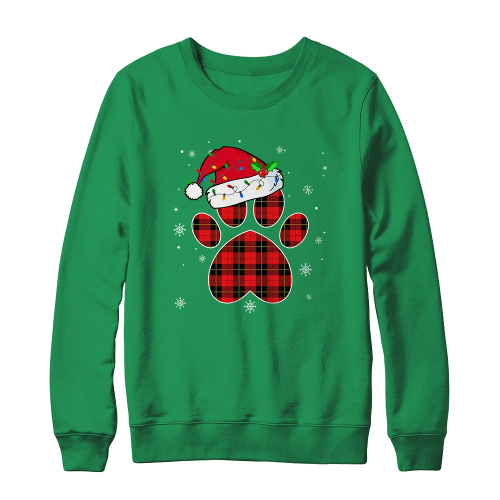 Buffalo Plaid Christmas Paw Dog With Santa Hat Lights Gift T-Shirt & Sweatshirt | Teecentury.com