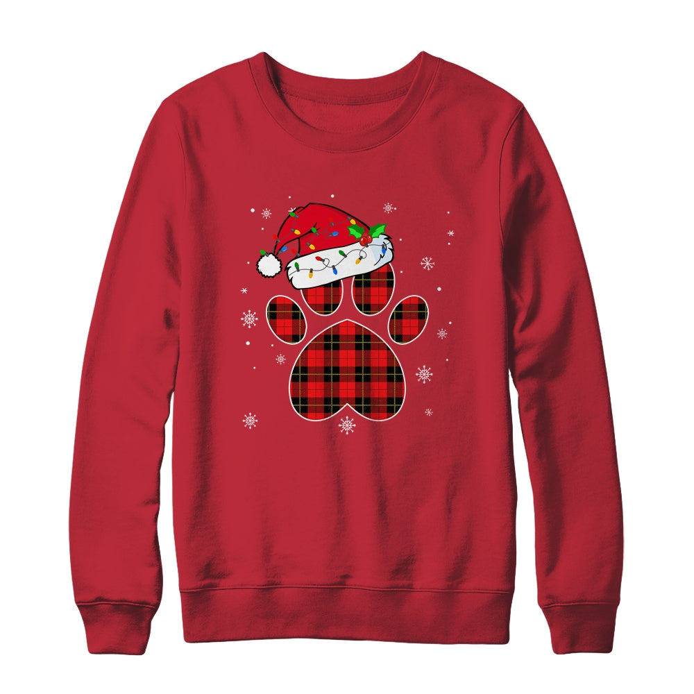 Buffalo Plaid Christmas Paw Dog With Santa Hat Lights Gift T-Shirt & Sweatshirt | Teecentury.com