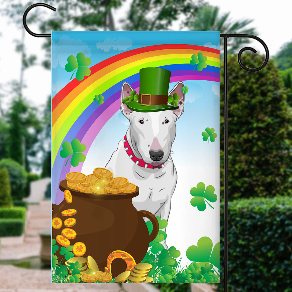 Bull Terrier St Patrick's Day Dog Flag Funny Peeking Dog Wear Green Hat Golden Pot Coin Shamrock Rainbow Spring Banner for Home Decor | teecentury