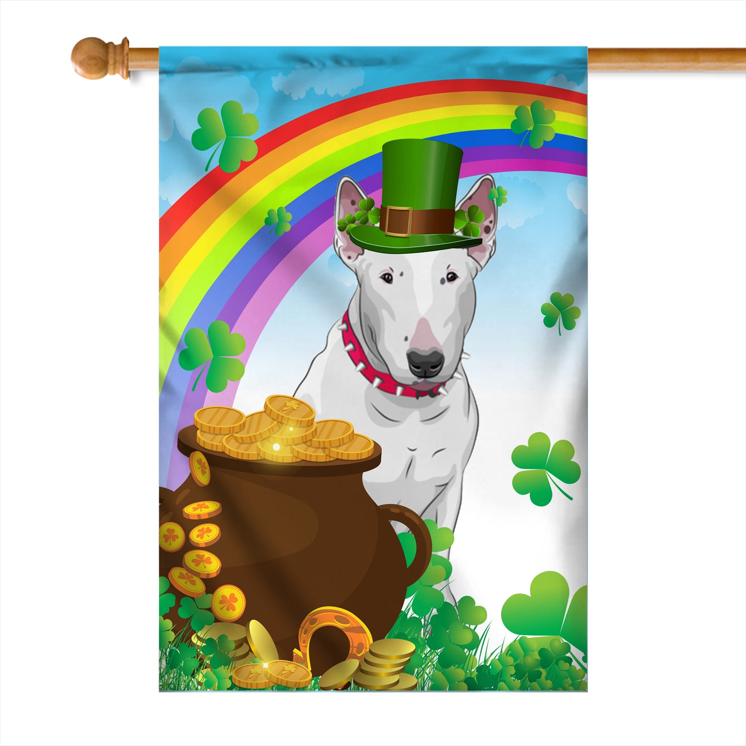 Bull Terrier St Patrick's Day Dog Flag Funny Peeking Dog Wear Green Hat Golden Pot Coin Shamrock Rainbow Spring Banner for Home Decor | teecentury