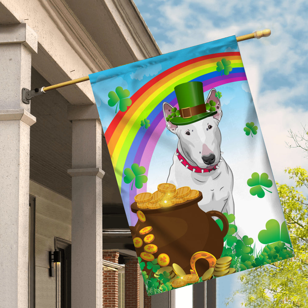Bull Terrier St Patrick's Day Dog Flag Funny Peeking Dog Wear Green Hat Golden Pot Coin Shamrock Rainbow Spring Banner for Home Decor | teecentury