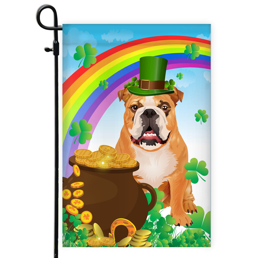 Bulldog St Patrick's Day Dog Flag Funny Peeking Dog Wear Green Hat Golden Pot Coin Shamrock Rainbow Spring Banner for Home Decor | teecentury