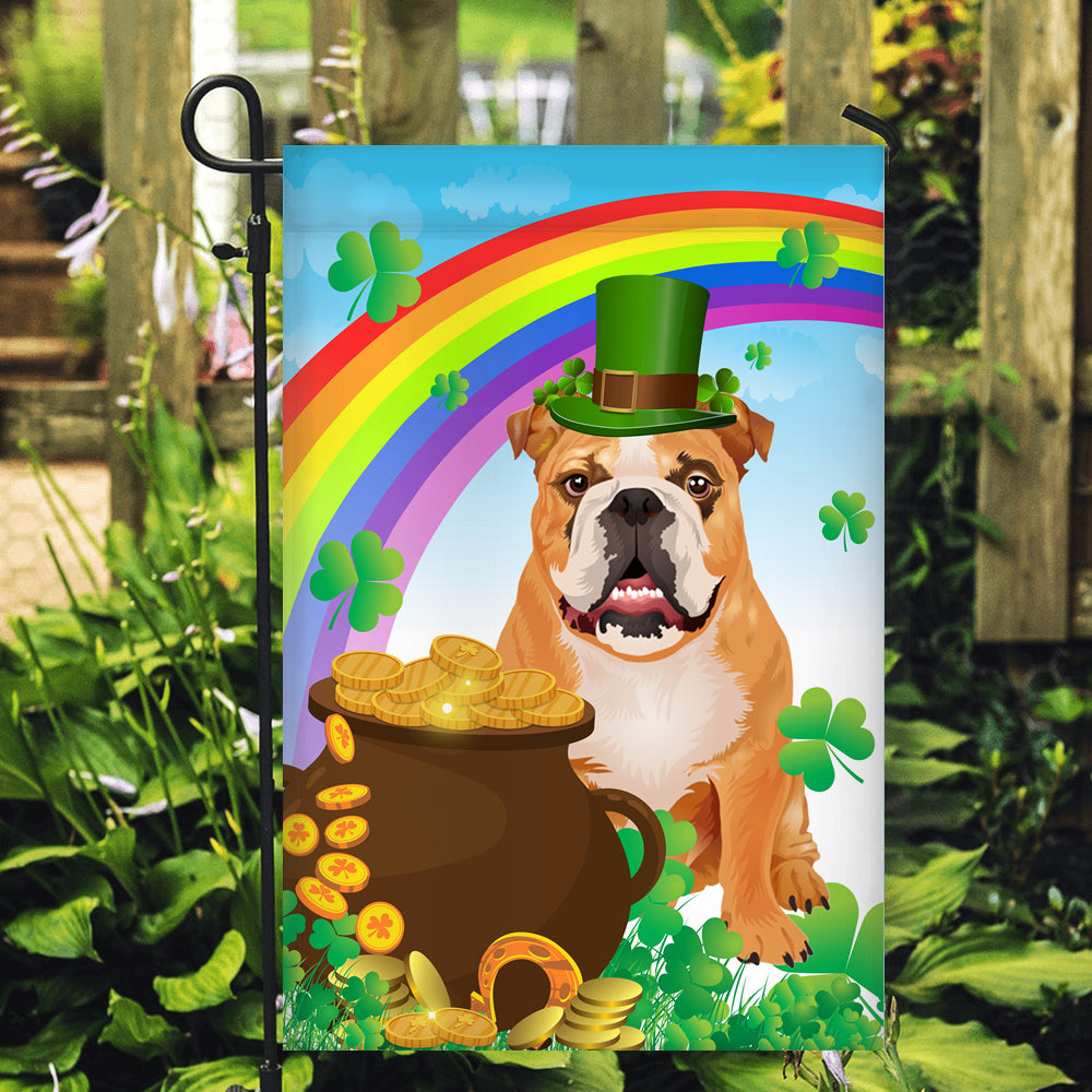 Bulldog St Patrick's Day Dog Flag Funny Peeking Dog Wear Green Hat Golden Pot Coin Shamrock Rainbow Spring Banner for Home Decor | teecentury