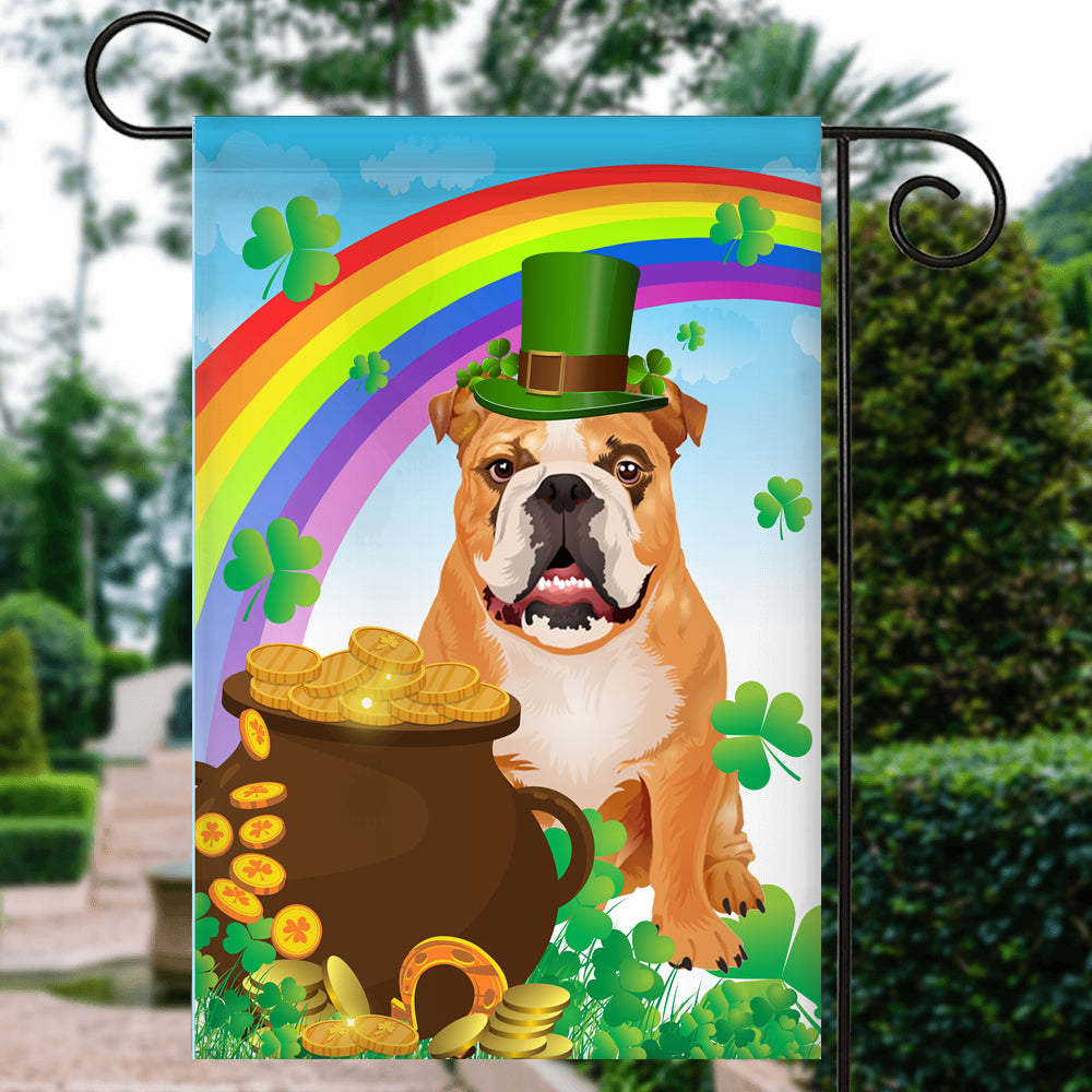 Bulldog St Patrick's Day Dog Flag Funny Peeking Dog Wear Green Hat Golden Pot Coin Shamrock Rainbow Spring Banner for Home Decor | teecentury