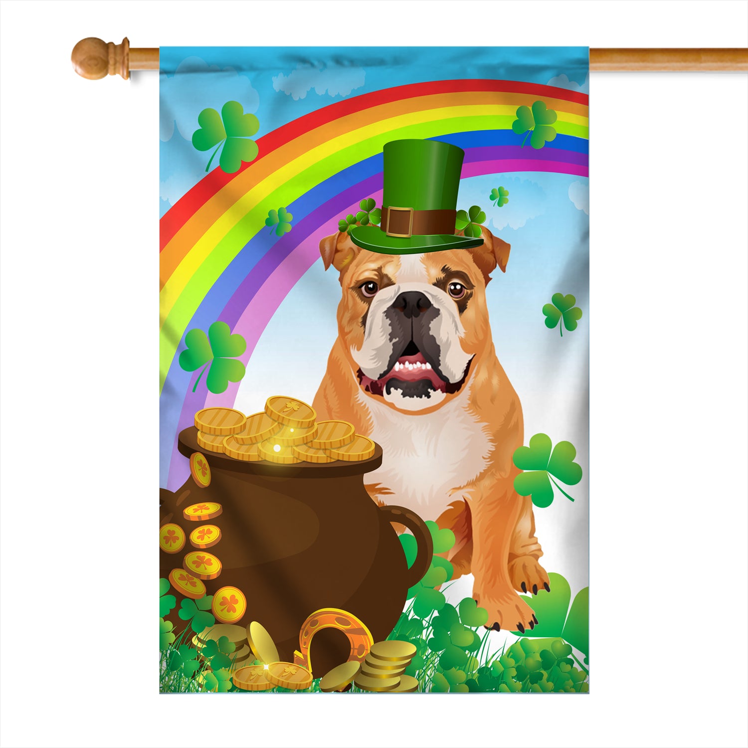 Bulldog St Patrick's Day Dog Flag Funny Peeking Dog Wear Green Hat Golden Pot Coin Shamrock Rainbow Spring Banner for Home Decor | teecentury