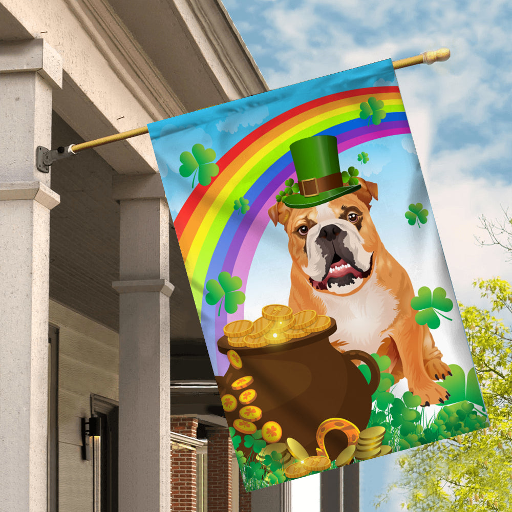 Bulldog St Patrick's Day Dog Flag Funny Peeking Dog Wear Green Hat Golden Pot Coin Shamrock Rainbow Spring Banner for Home Decor | teecentury