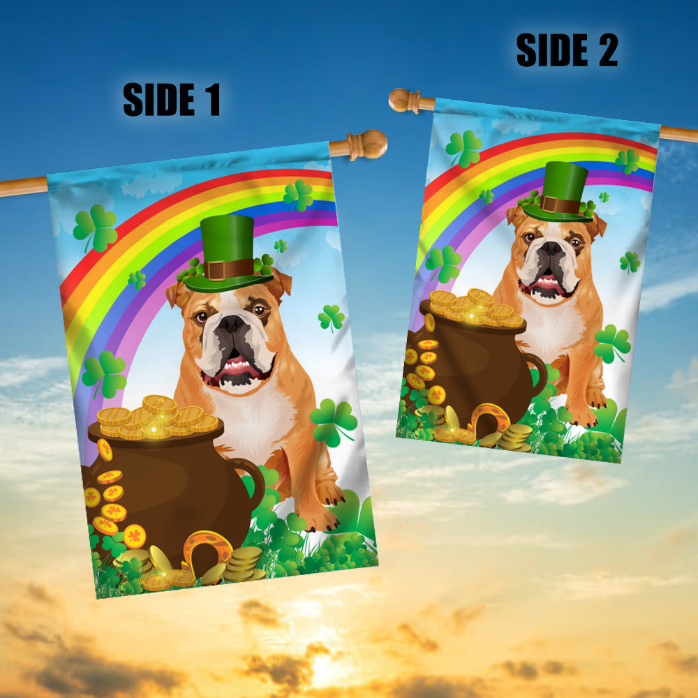 Bulldog St Patrick's Day Dog Flag Funny Peeking Dog Wear Green Hat Golden Pot Coin Shamrock Rainbow Spring Banner for Home Decor | teecentury