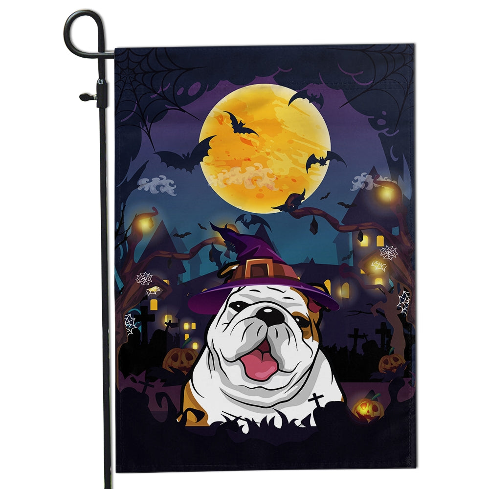 Bulldog Witch Halloween Flag Castle Background For Dog Lover Home Flag | Teecentury.com