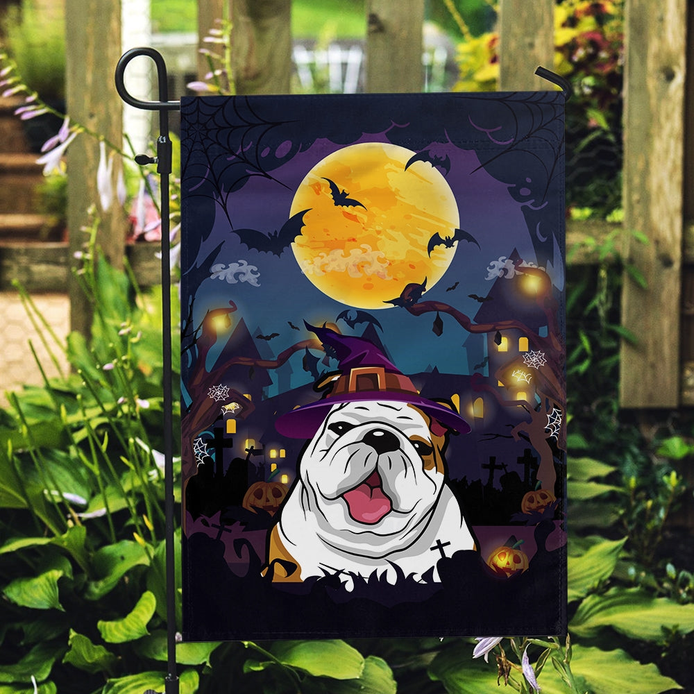Bulldog Witch Halloween Flag Castle Background For Dog Lover Home Flag | Teecentury.com