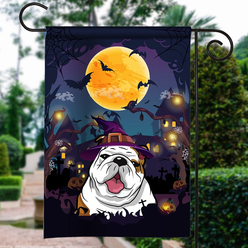 Bulldog Witch Halloween Flag Castle Background For Dog Lover Home Flag | Teecentury.com
