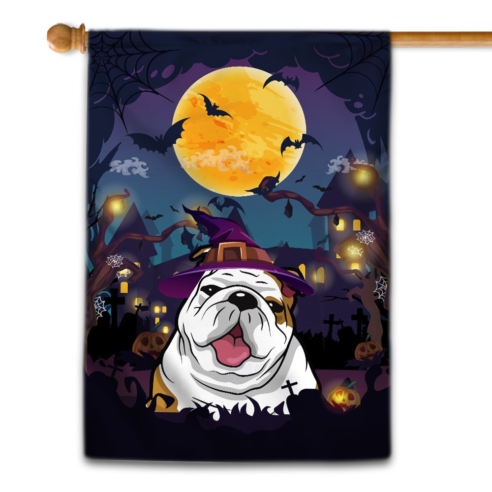 Bulldog Witch Halloween Flag Castle Background For Dog Lover Home Flag | Teecentury.com