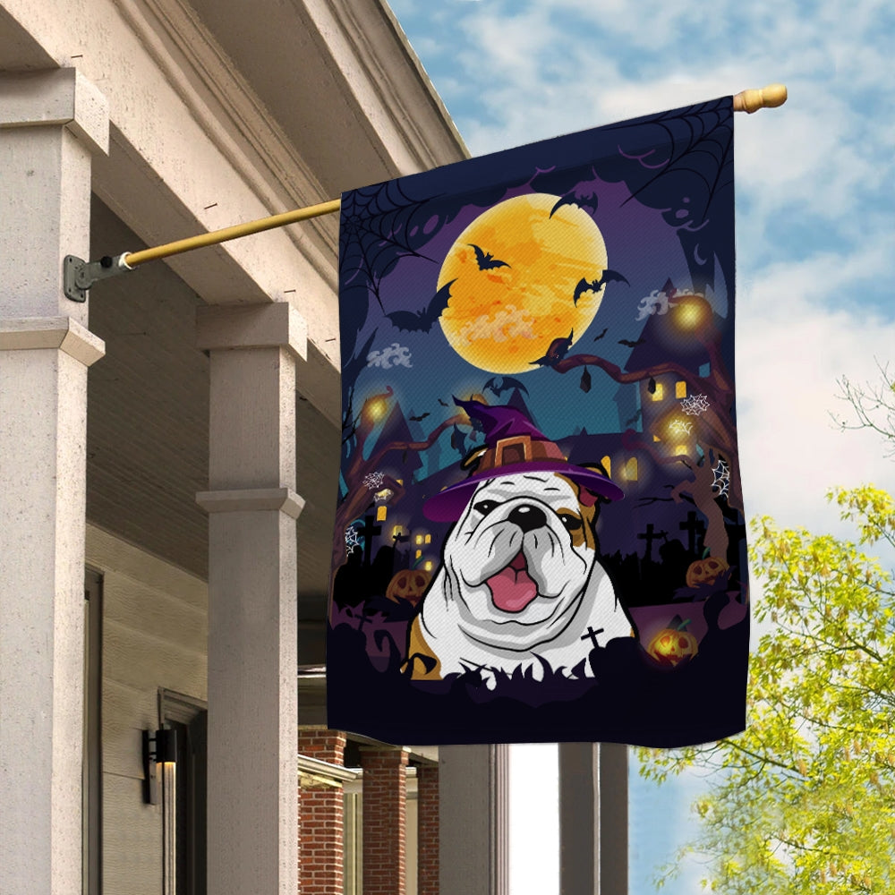 Bulldog Witch Halloween Flag Castle Background For Dog Lover Home Flag | Teecentury.com