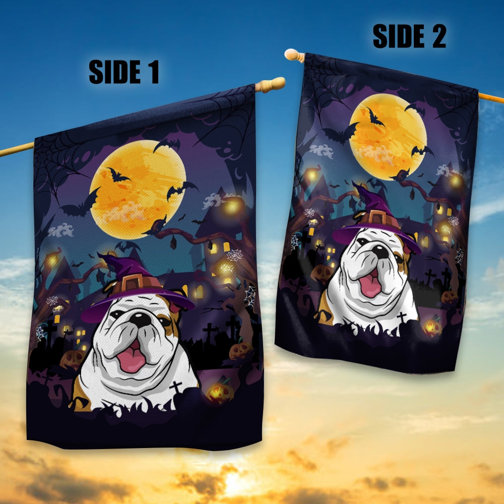 Bulldog Witch Halloween Flag Castle Background For Dog Lover Home Flag | Teecentury.com