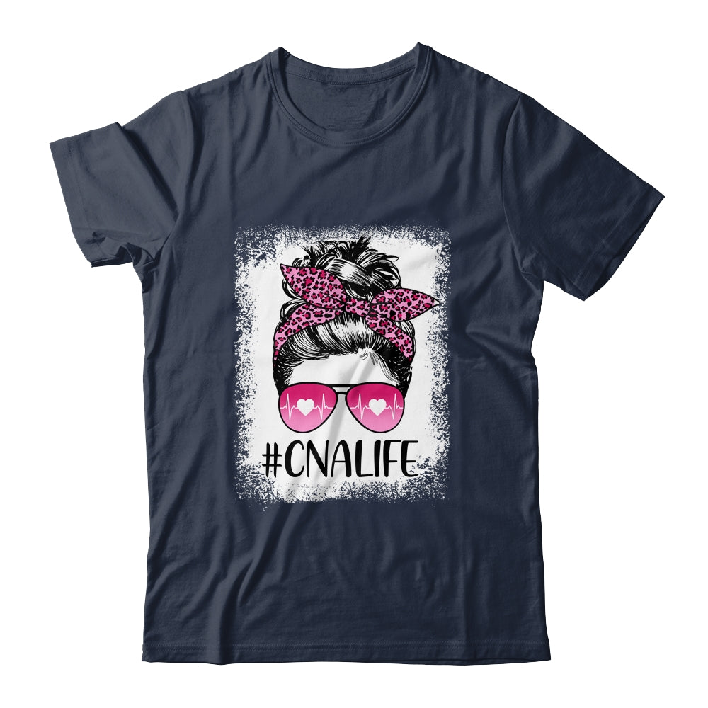 CNA Nurse Life Bleached Pink Leopard Messy Bun Hair Glasses T-Shirt & Tank Top | Teecentury.com
