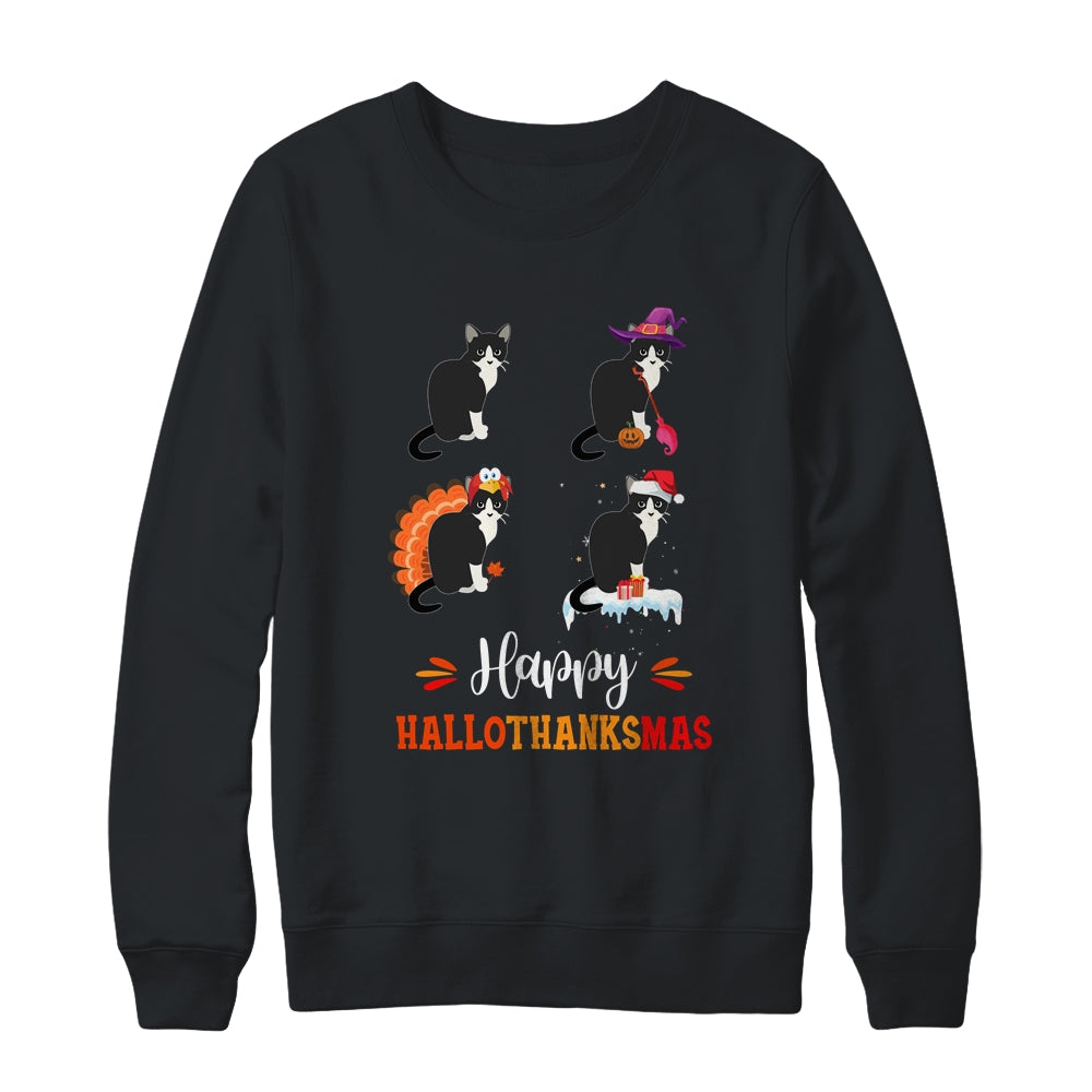 Cat Happy Halloween Thanksgiving Christmas Hallothanksmas T-Shirt & Sweatshirt | Teecentury.com
